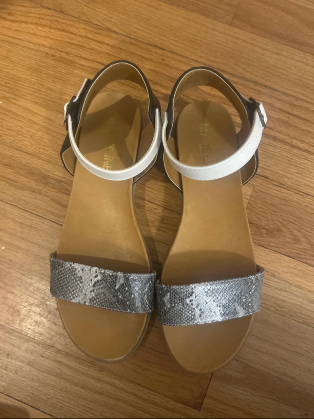 Madeline Silver Snake-Print & White Ankle-Strap Sandals